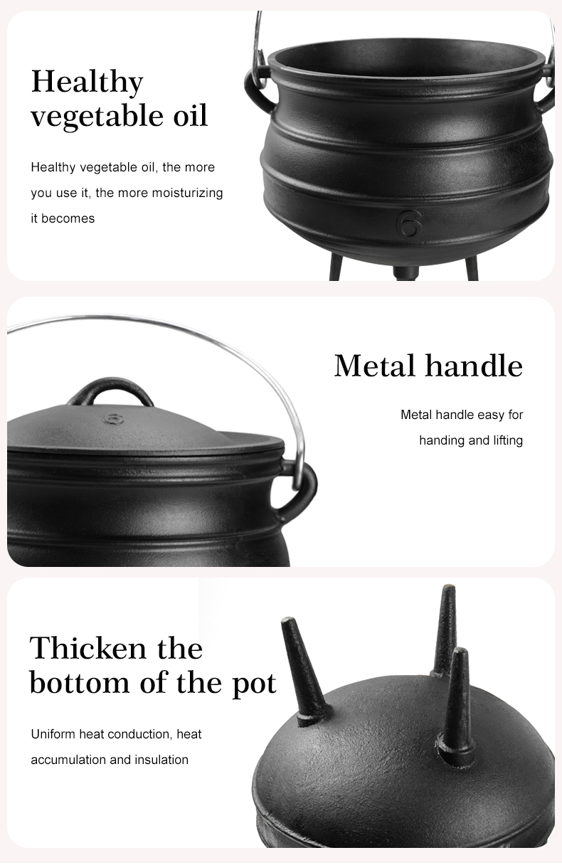 Cast iron pot with lid and 3 legs - pre-treated South African-style bonfire pot, suitable for outdoor cooking, soups and stews