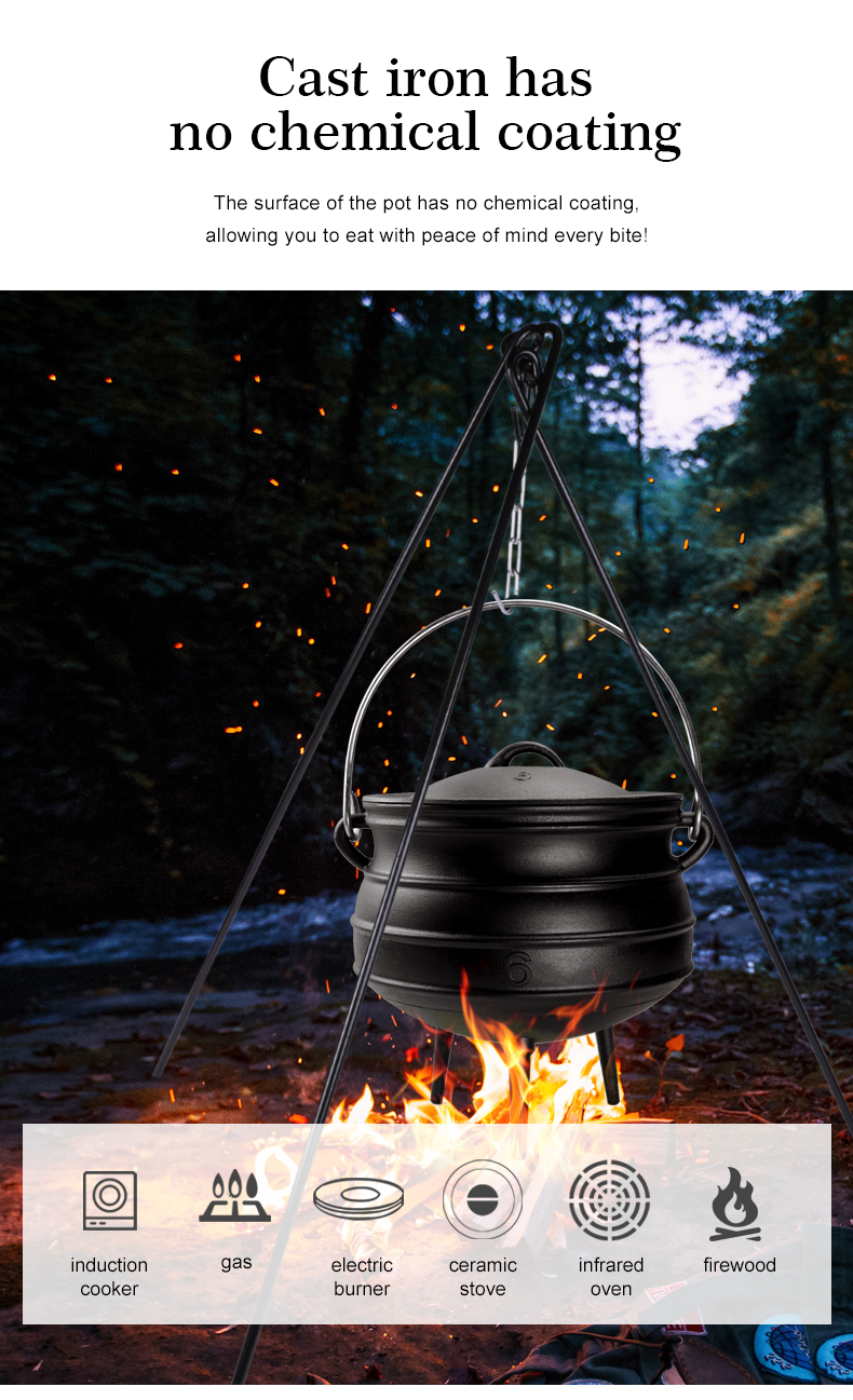 Cast iron pot with lid and 3 legs - pre-treated South African-style bonfire pot, suitable for outdoor cooking, soups and stews