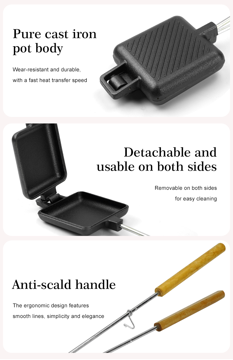 Cast iron rectangular pie machine, double-sided sandwich machine, baking tray with detachable handle, bonfire cooking