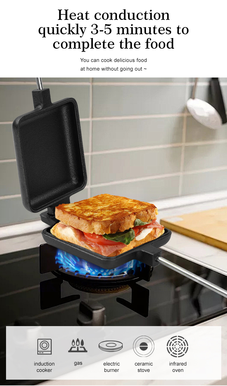 Cast iron rectangular pie machine, double-sided sandwich machine, baking tray with detachable handle, bonfire cooking