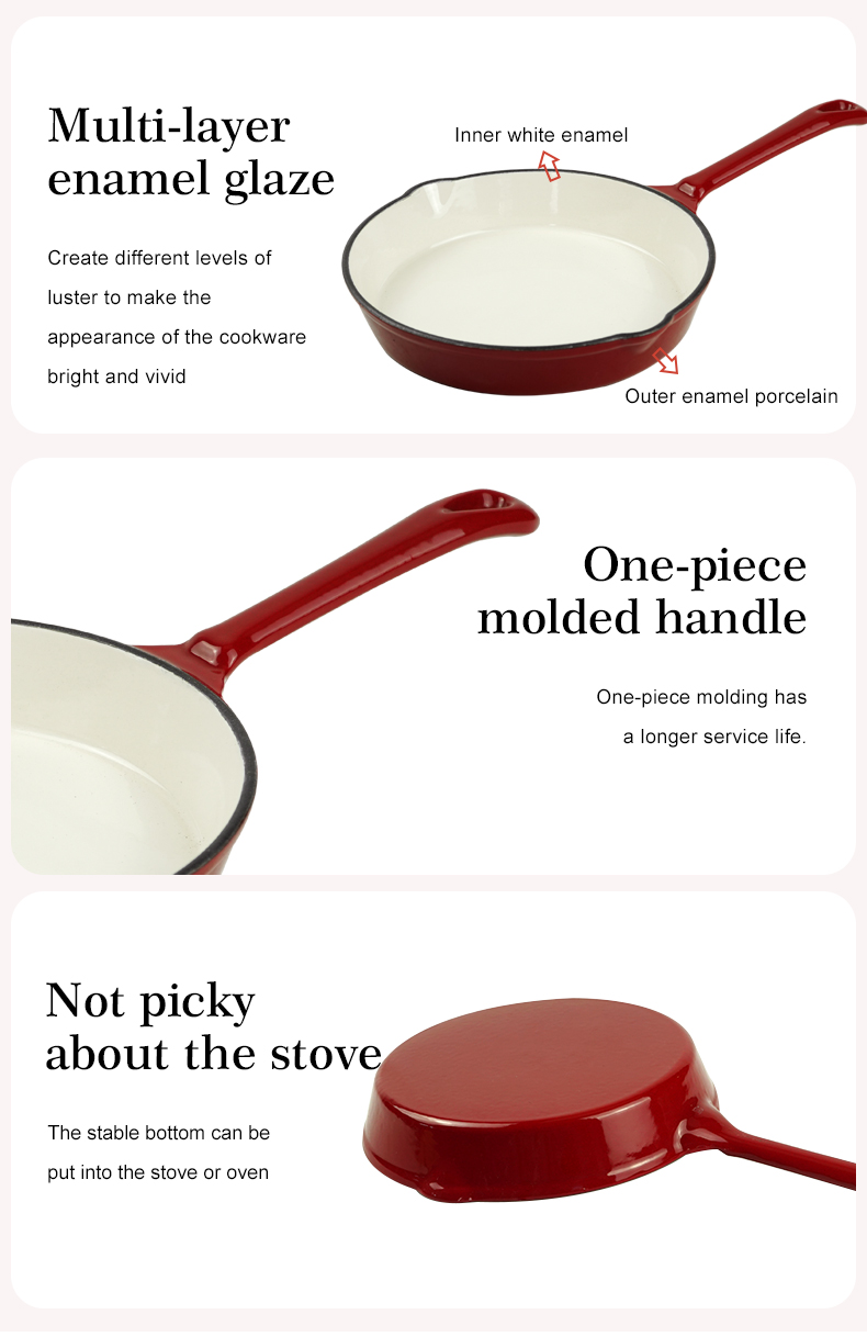 Enamel cast iron frying pan with enamel coating, suitable for stoves and ovens