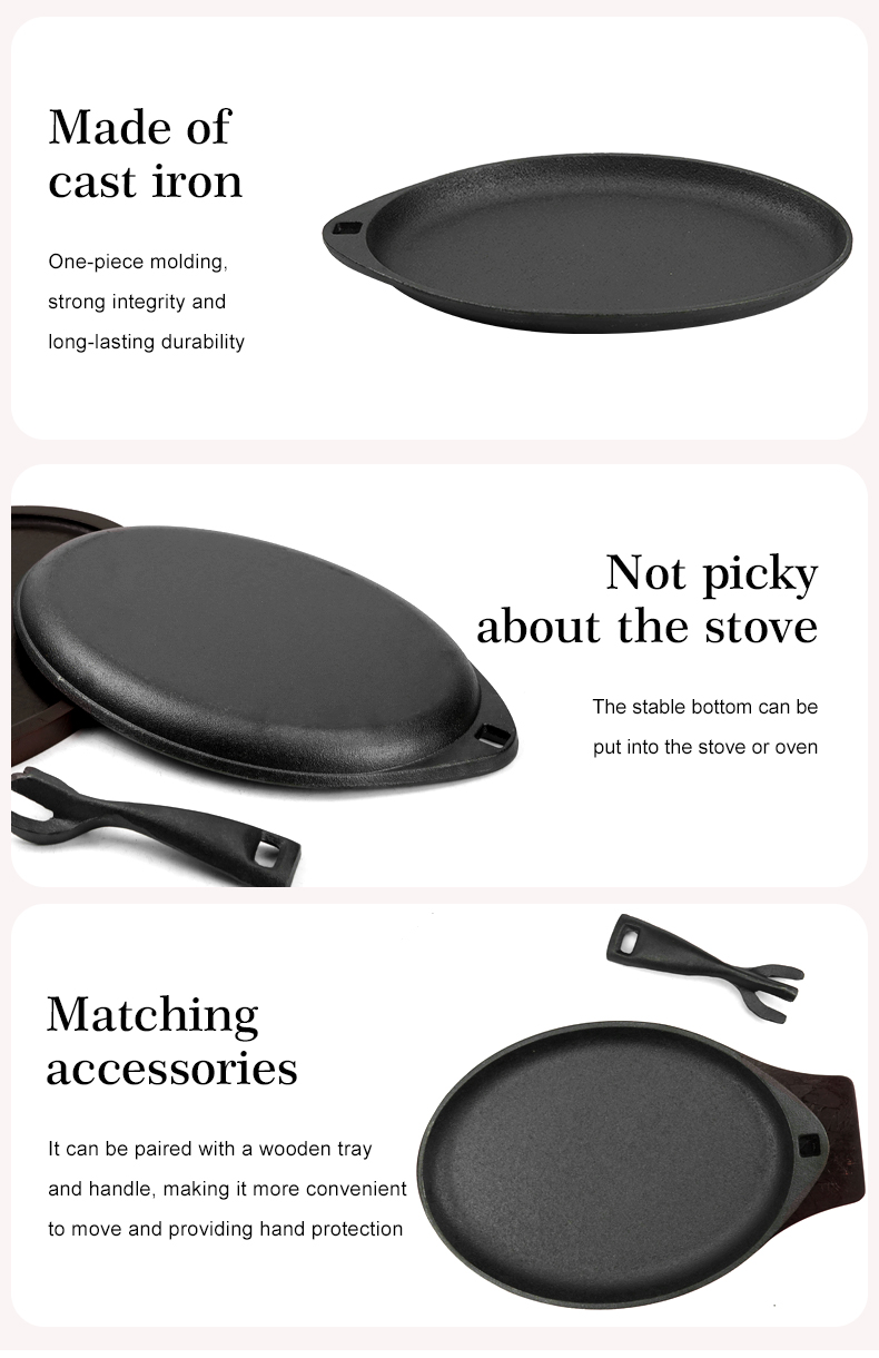 Cast iron Fajita plate set, steak plate hot pot with wooden base and gripper, suitable for home restaurant kitchen cooking