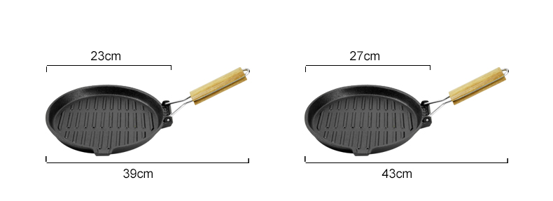 Round cast iron baking tray with folding handle, suitable for meat, fish and vegetables