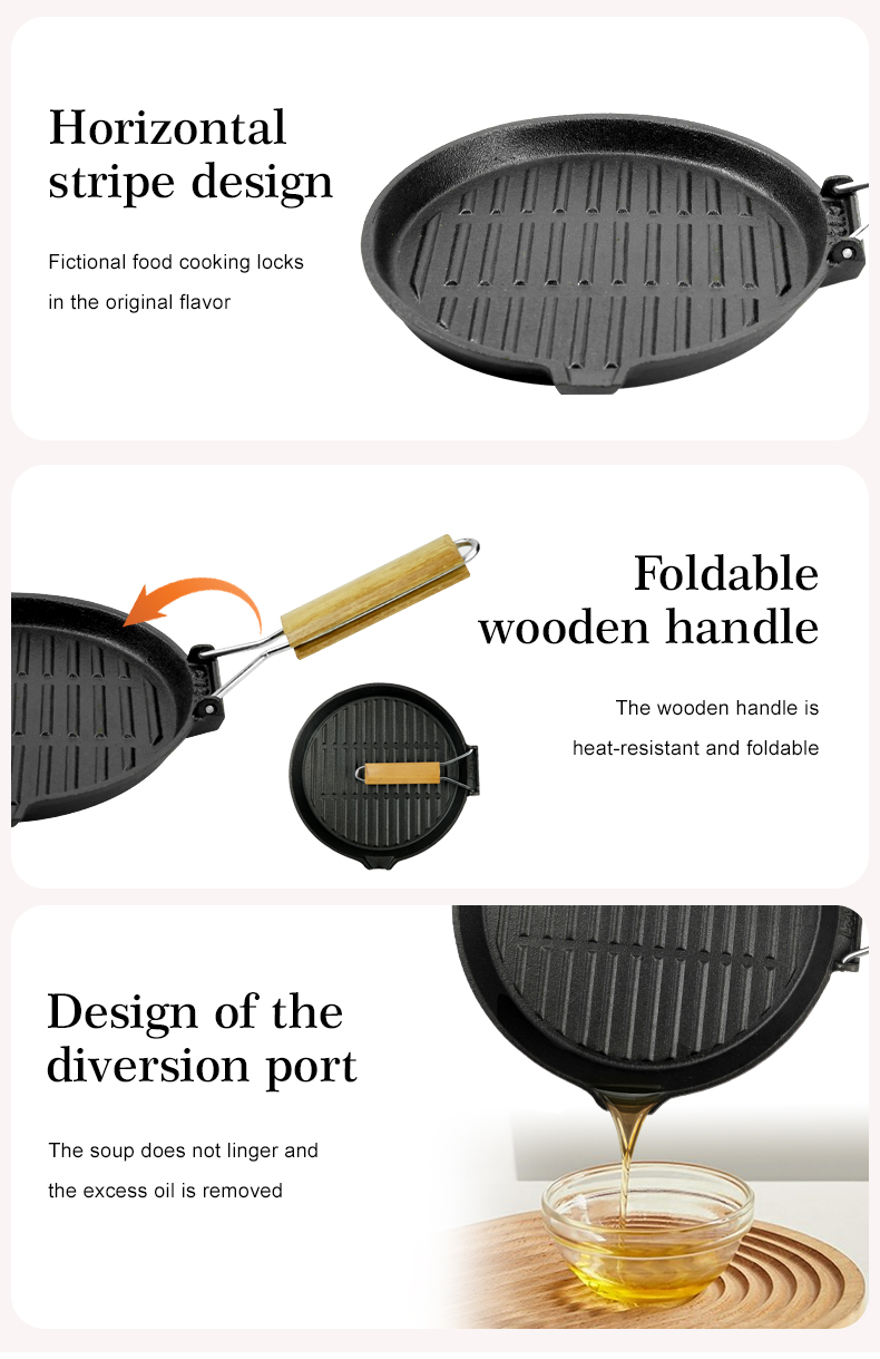 Round cast iron baking tray with folding handle, suitable for meat, fish and vegetables