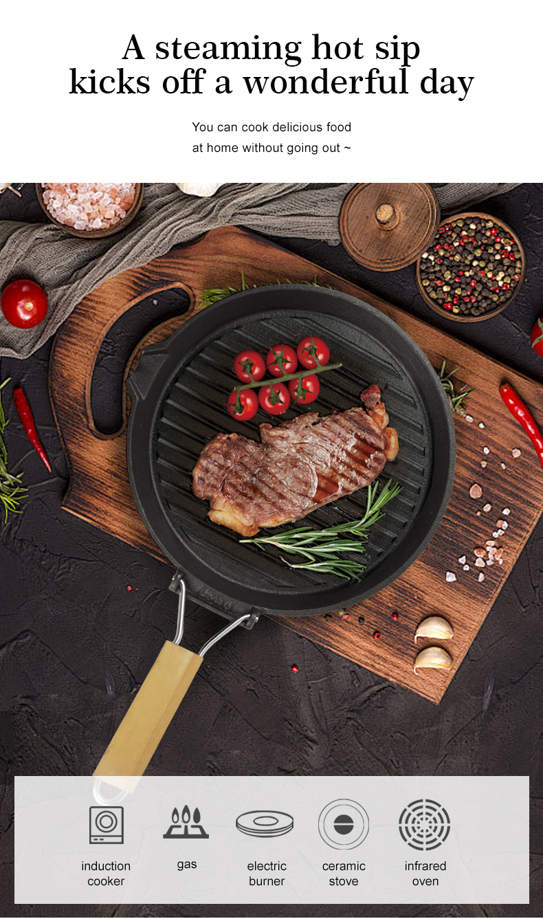 Round cast iron baking tray with folding handle, suitable for meat, fish and vegetables