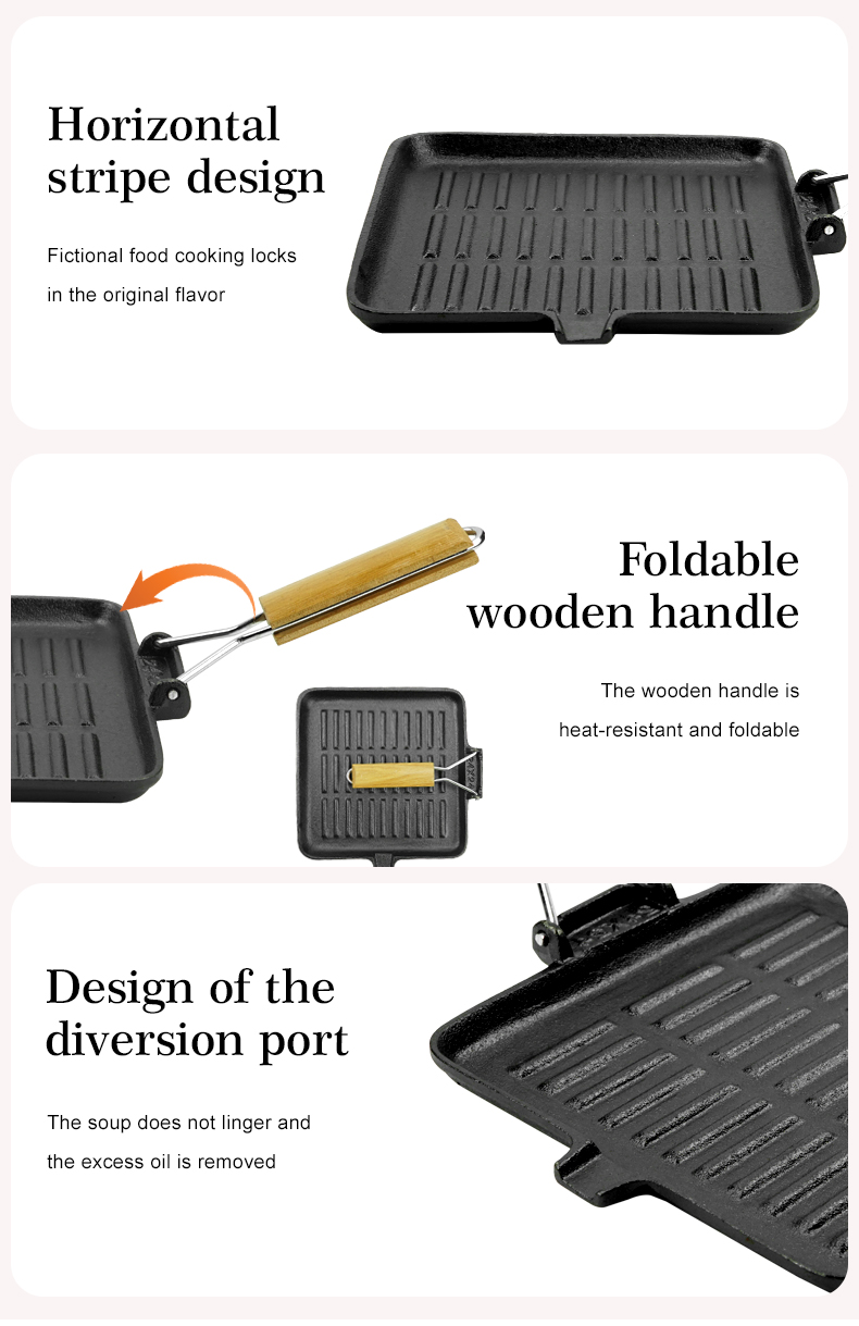 Pre-treated cast iron square baking pan, folding handle with split port, steak pan for steak and hamburgers