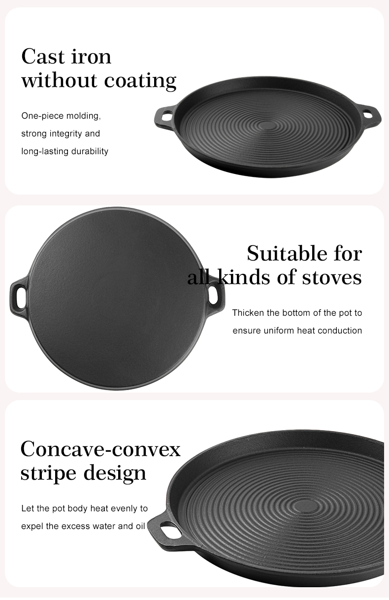 Cast iron baking tray, round cast iron frying pan, double-sided double-handle ribbed frying pan, outdoor cookware, cast iron grill