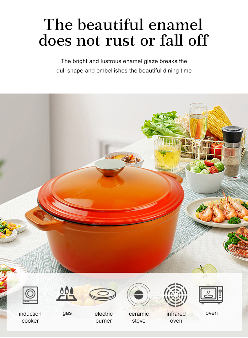 Enamel cast iron Dutch pot with lid and double handles, suitable for bread baking, stewing, and grilled meat