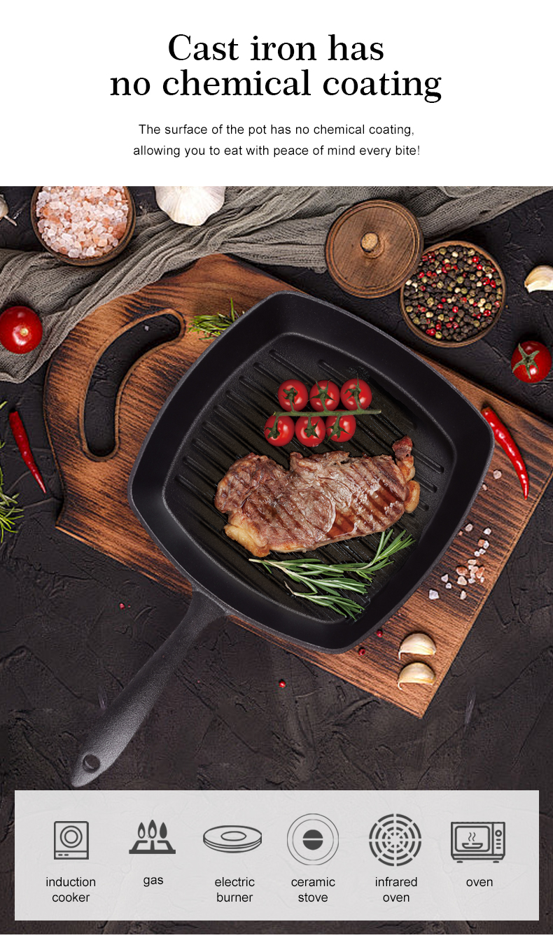 Pre-treated cast iron square baking pan with diversion port, steak pan breakfast frying pan for steaks and hamburgers
