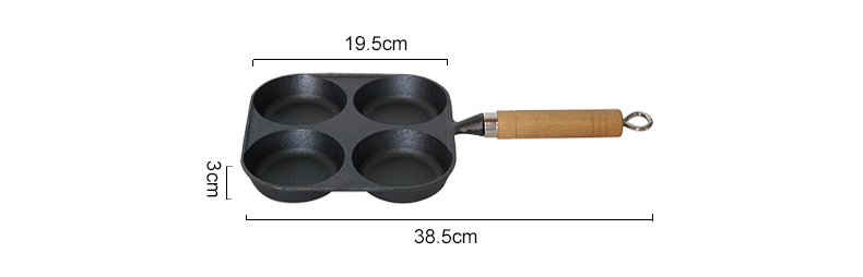 4-hole cast iron egg pan with a wooden handle, breakfast frying pan for eggs, steaks and hamburgers