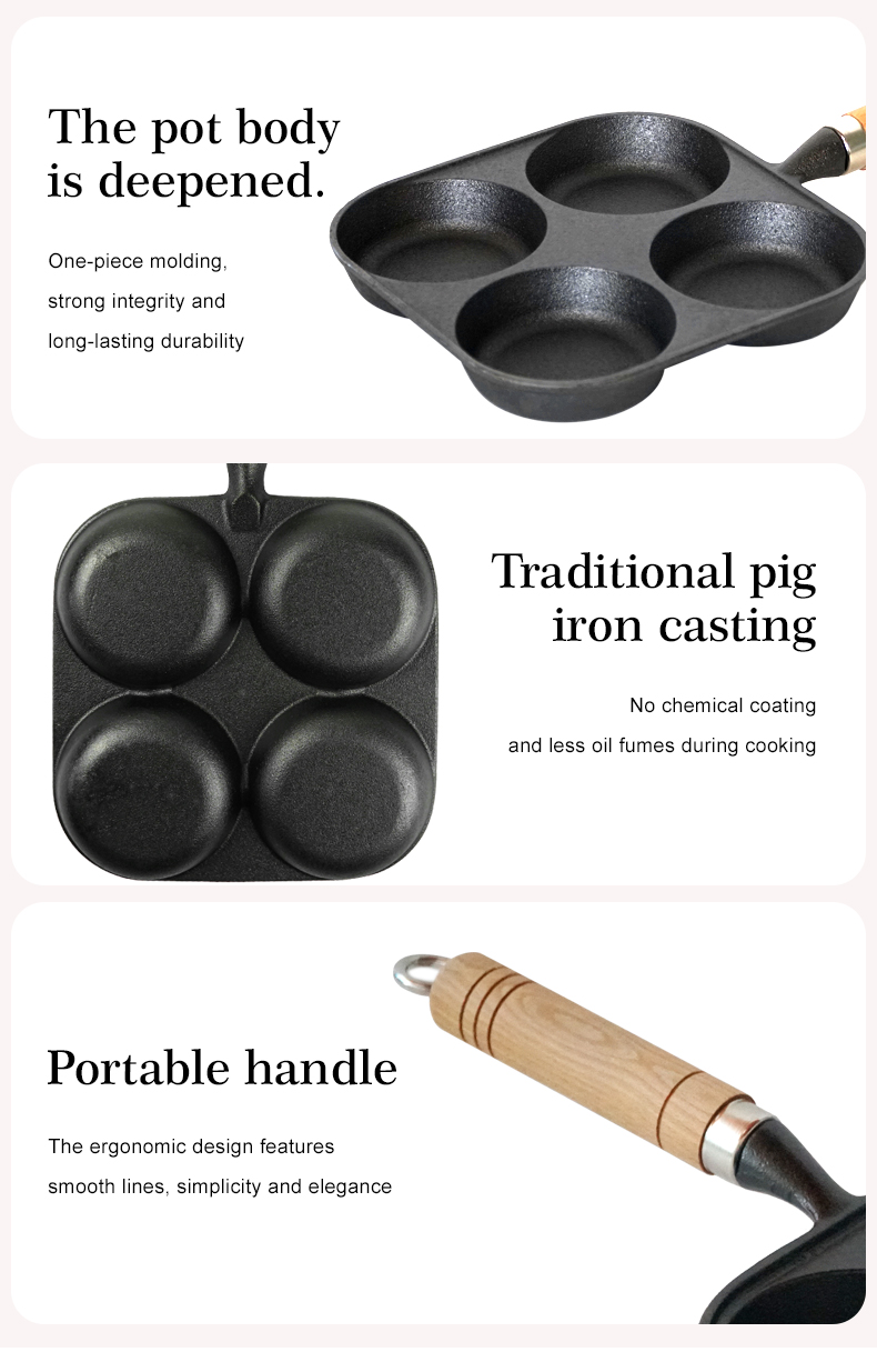 4-hole cast iron egg pan with a wooden handle, breakfast frying pan for eggs, steaks and hamburgers