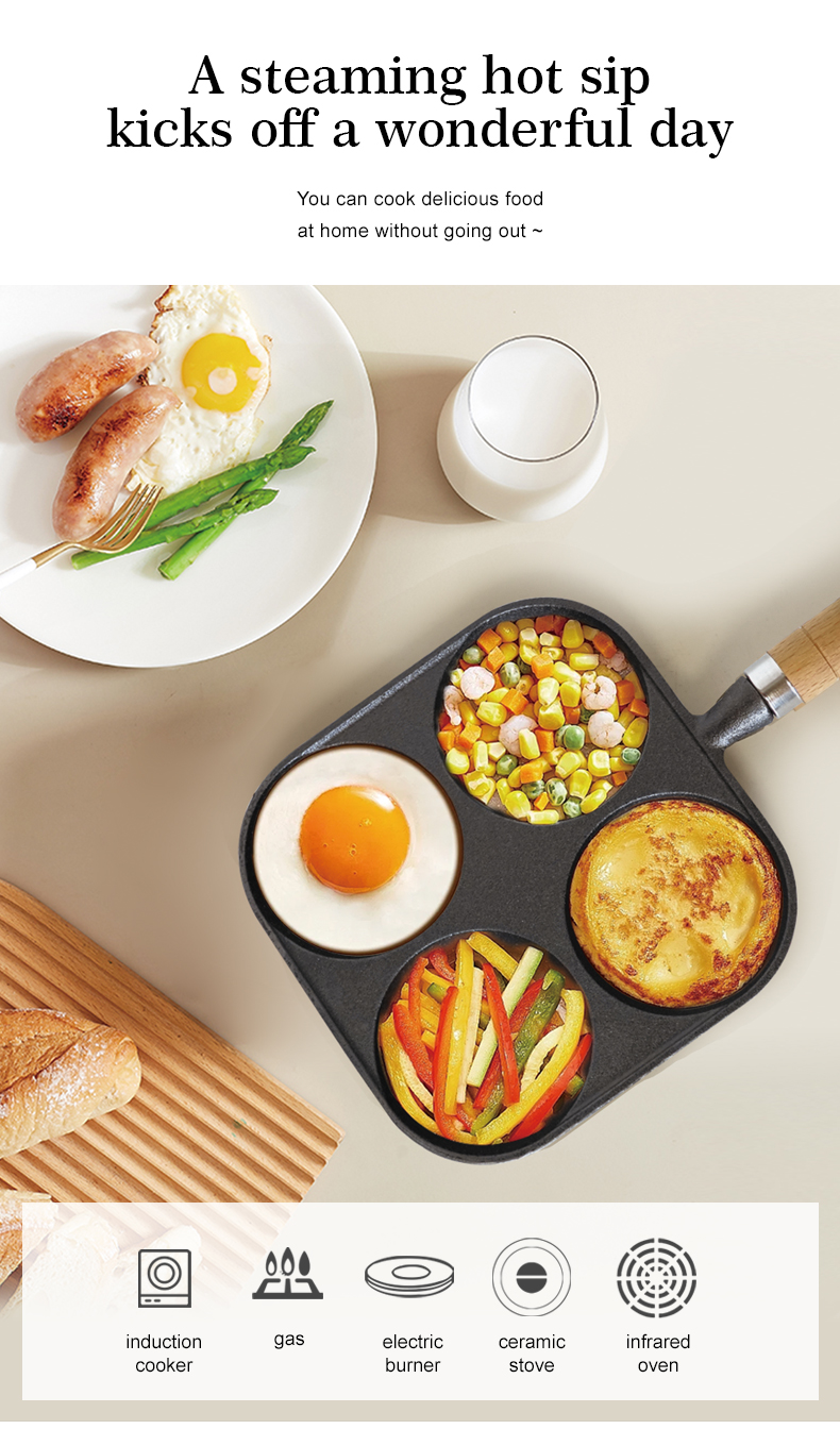 4-hole cast iron egg pan with a wooden handle, breakfast frying pan for eggs, steaks and hamburgers