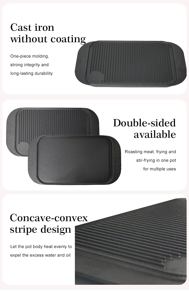 Cast iron baking tray 2-in-1 ribbed flat double-sided baking tray, suitable for cooking on gas stoves, bonfires and ovens