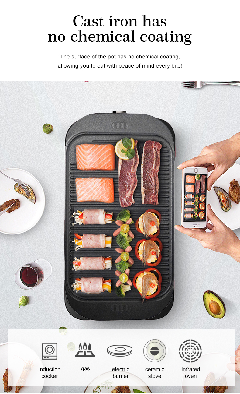 Cast iron baking tray 2-in-1 ribbed flat double-sided baking tray, suitable for cooking on gas stoves, bonfires and ovens