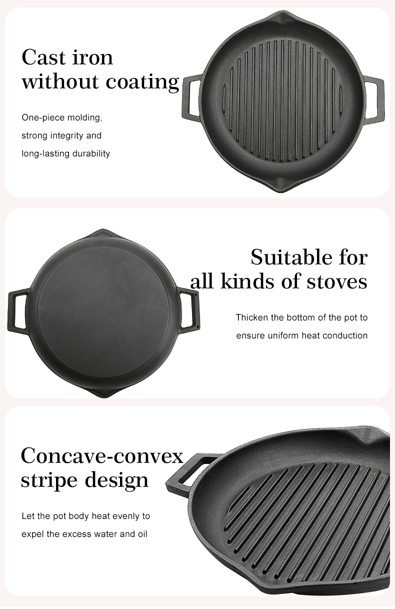 Cast iron baking tray, round double-handle ribbed frying pan, outdoor cookware, cast iron grill