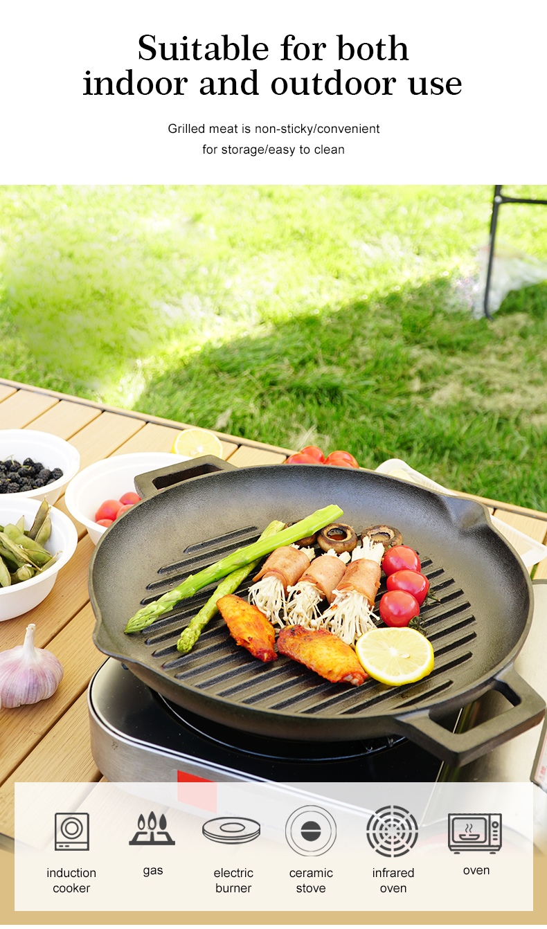 Cast iron baking tray, round double-handle ribbed frying pan, outdoor cookware, cast iron grill