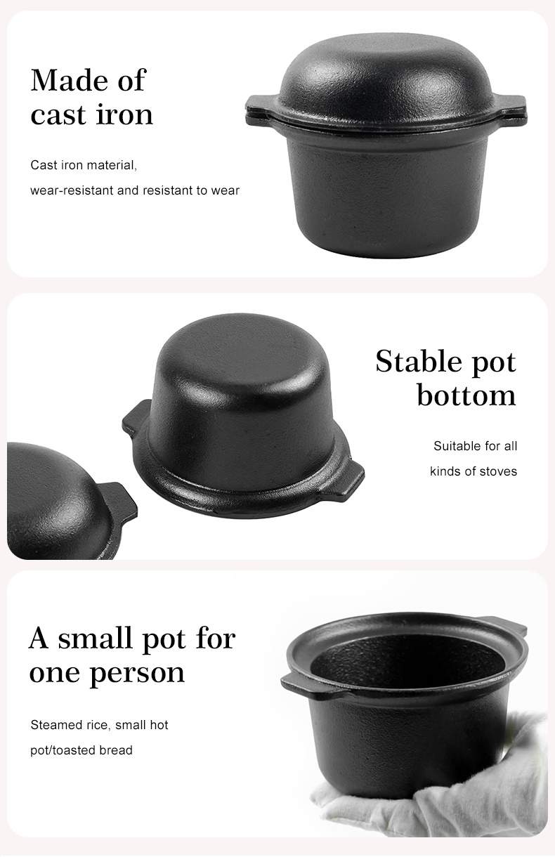 Pre-treated cast iron mini Dutch pot, black small with lid, durable cast iron cookware, suitable for stewing, soups and baking, oven