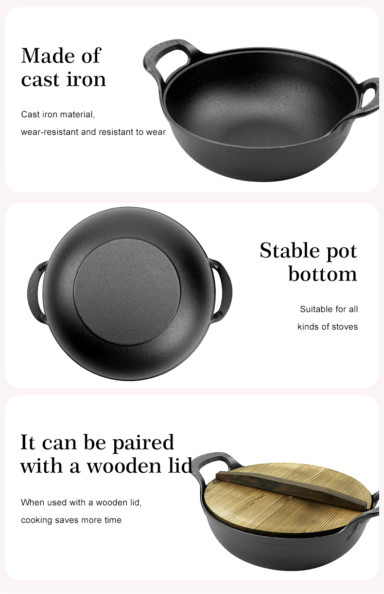 Cast iron wok with handle, multi-functional wok suitable for ovens, stoves or barbecue grills