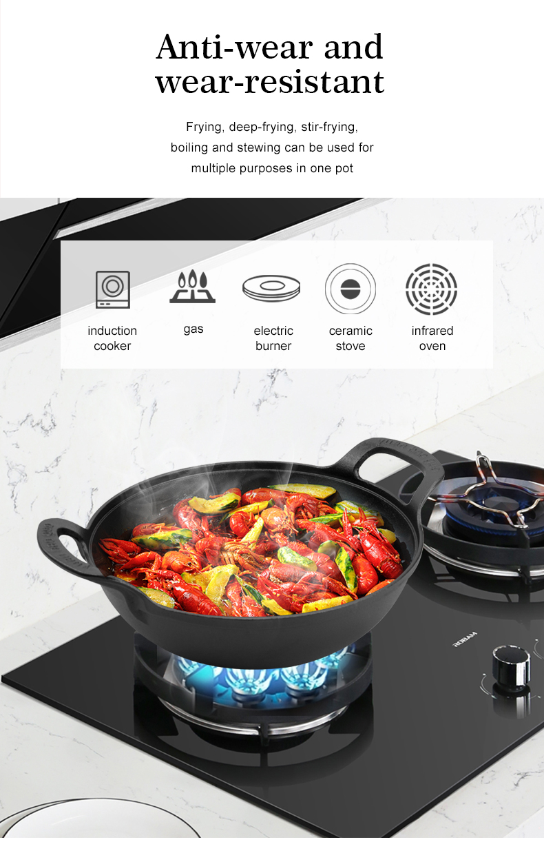 Cast iron wok with handle, multi-functional wok suitable for ovens, stoves or barbecue grills