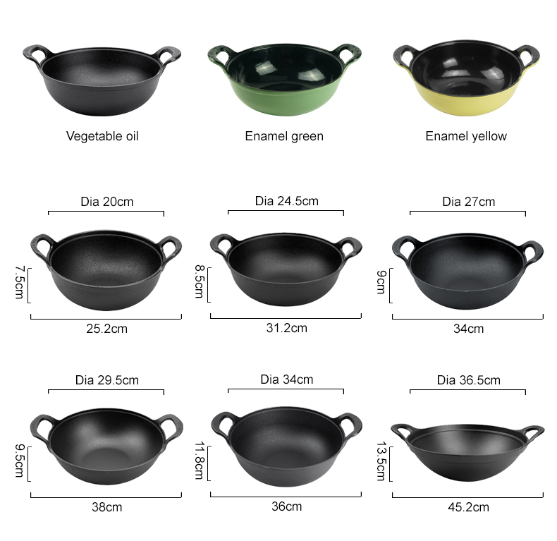 Cast iron wok with handle, multi-functional wok suitable for ovens, stoves or barbecue grills