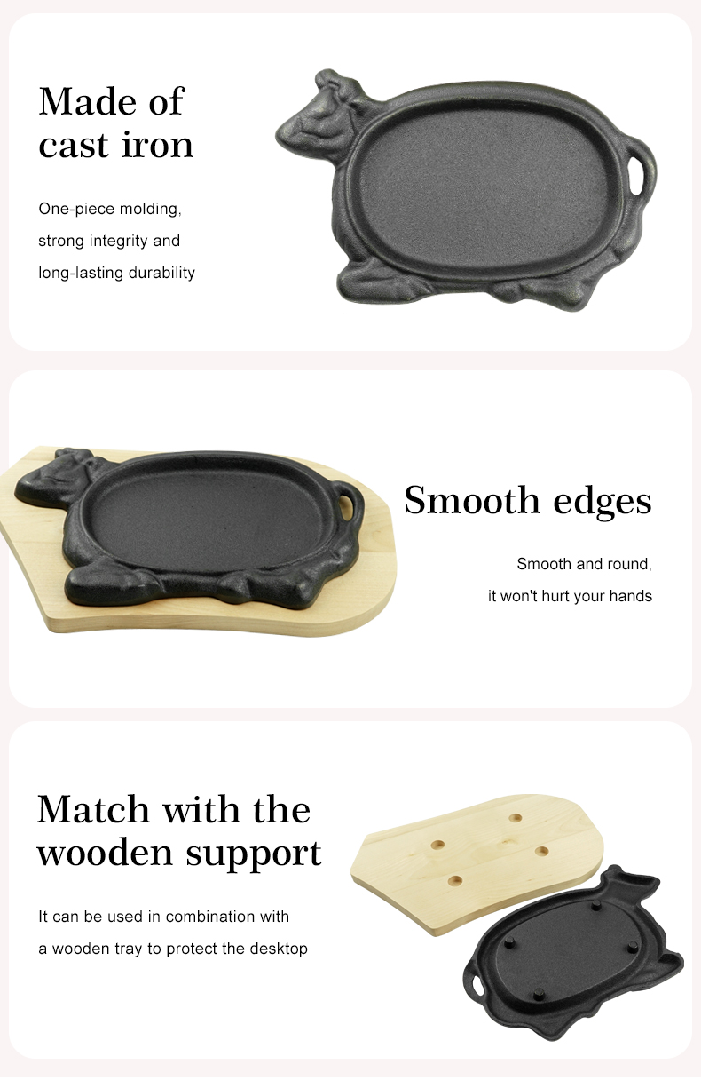 Beef-shaped cast iron steak plate Sizzle grill with wooden base Fajita grill plate