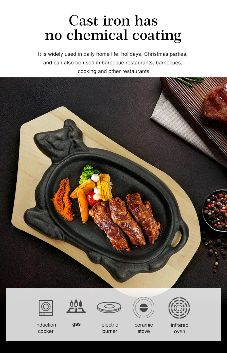 Beef-shaped cast iron steak plate Sizzle grill with wooden base Fajita grill plate