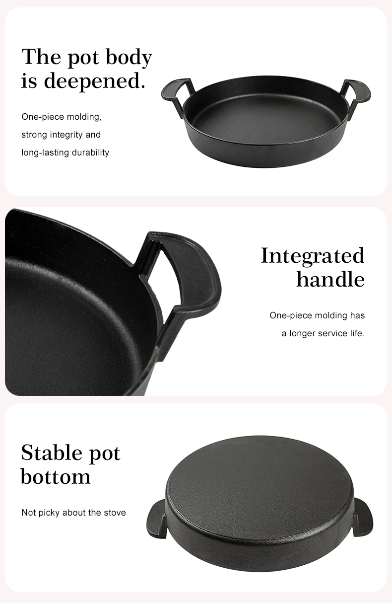 Multi-functional cooking double-ear round cast iron pre-seasoned deep plate barbecue pan frying pan