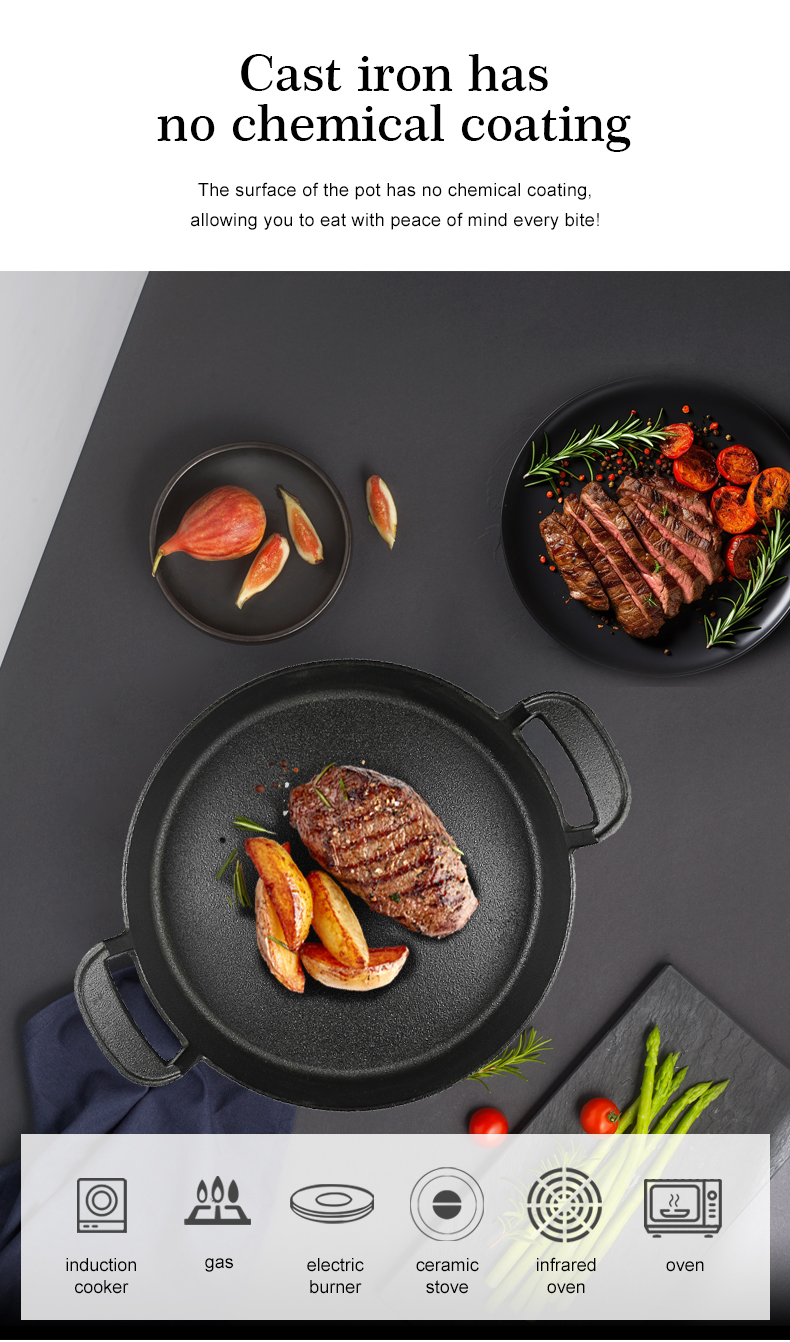Multi-functional cooking double-ear round cast iron pre-seasoned deep plate barbecue pan frying pan