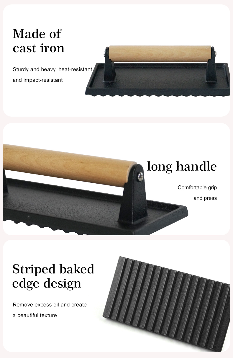 Cast iron barbecue press with wooden handle, non-stick rectangular hamburger press, suitable for steak, bacon, Paninis, etc