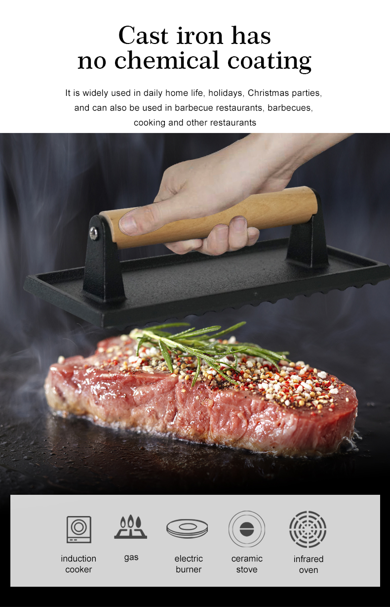 Cast iron barbecue press with wooden handle, non-stick rectangular hamburger press, suitable for steak, bacon, Paninis, etc