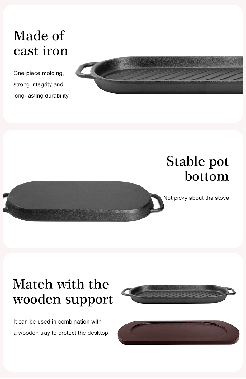 Fajita grill set, a cast iron grill with a wooden base for steak platter, is suitable for family dining rooms