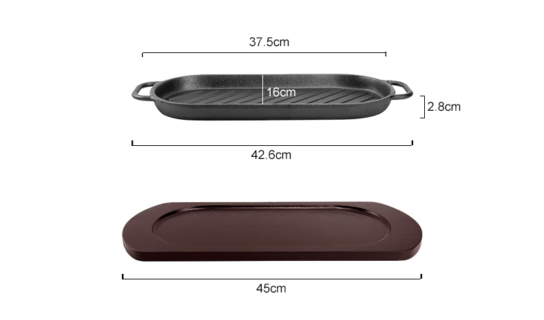 Fajita grill set, a cast iron grill with a wooden base for steak platter, is suitable for family dining rooms