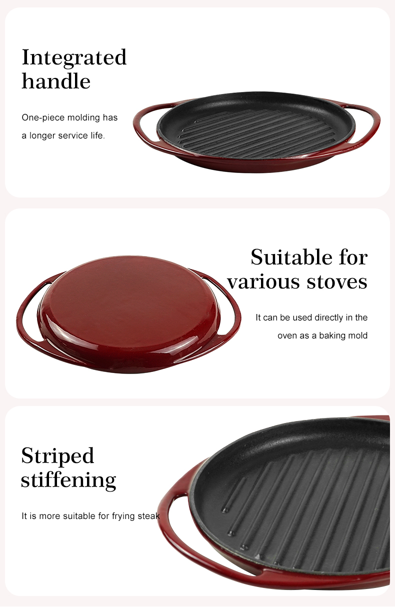 Round enamel cast iron baking tray - double auxiliary handles - suitable for ovens, stoves, barbecue grills or bonfires - red