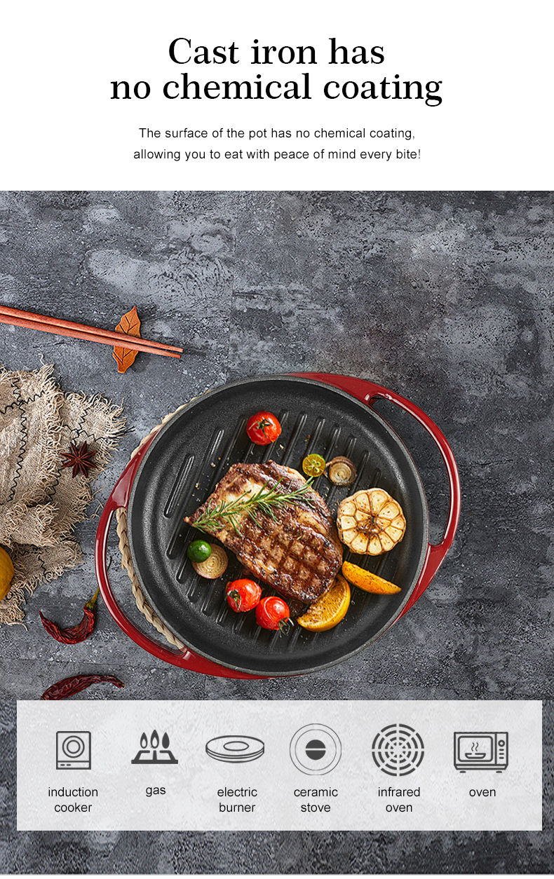 Round enamel cast iron baking tray - double auxiliary handles - suitable for ovens, stoves, barbecue grills or bonfires - red