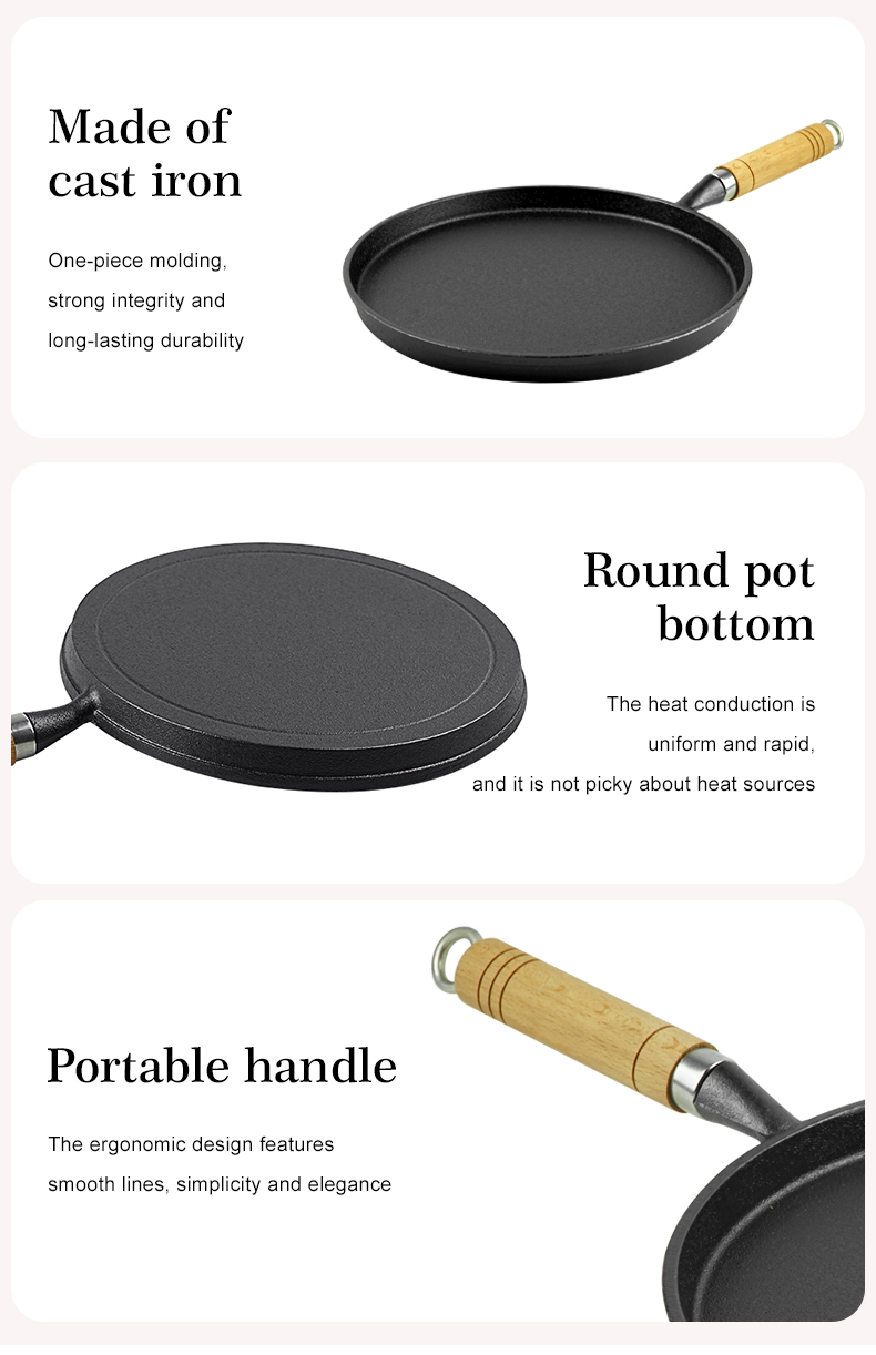 Cast-iron wooden handle frying pan - household frying pan, pizza pan, pancake pan, breakfast pancake pan