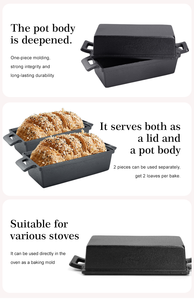 Cast iron bread pan with lid, bread baking pan, uniform heat distribution, suitable for homemade bread, cakes and meat patries, 2-piece set