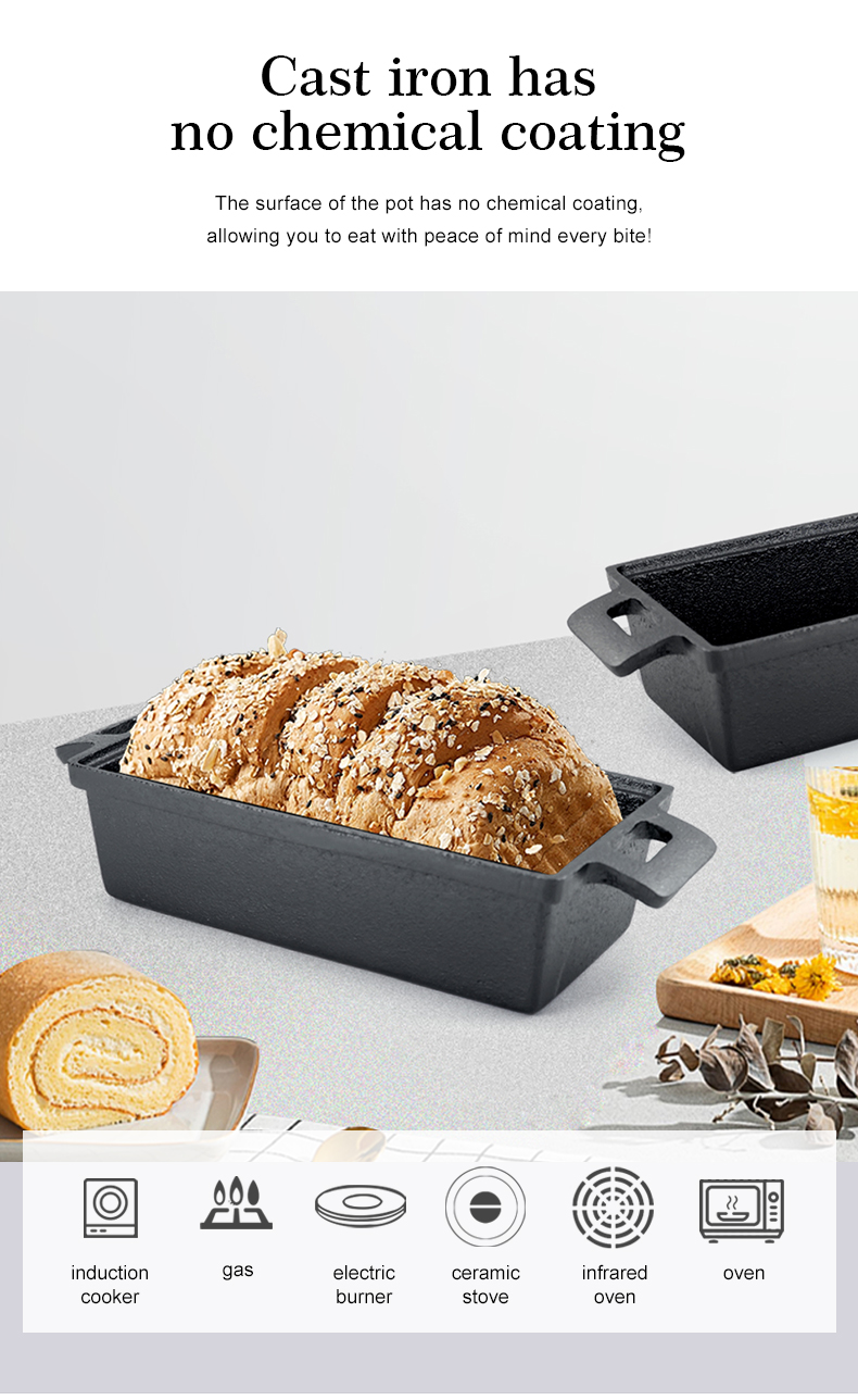 Cast iron bread pan with lid, bread baking pan, uniform heat distribution, suitable for homemade bread, cakes and meat patries, 2-piece set