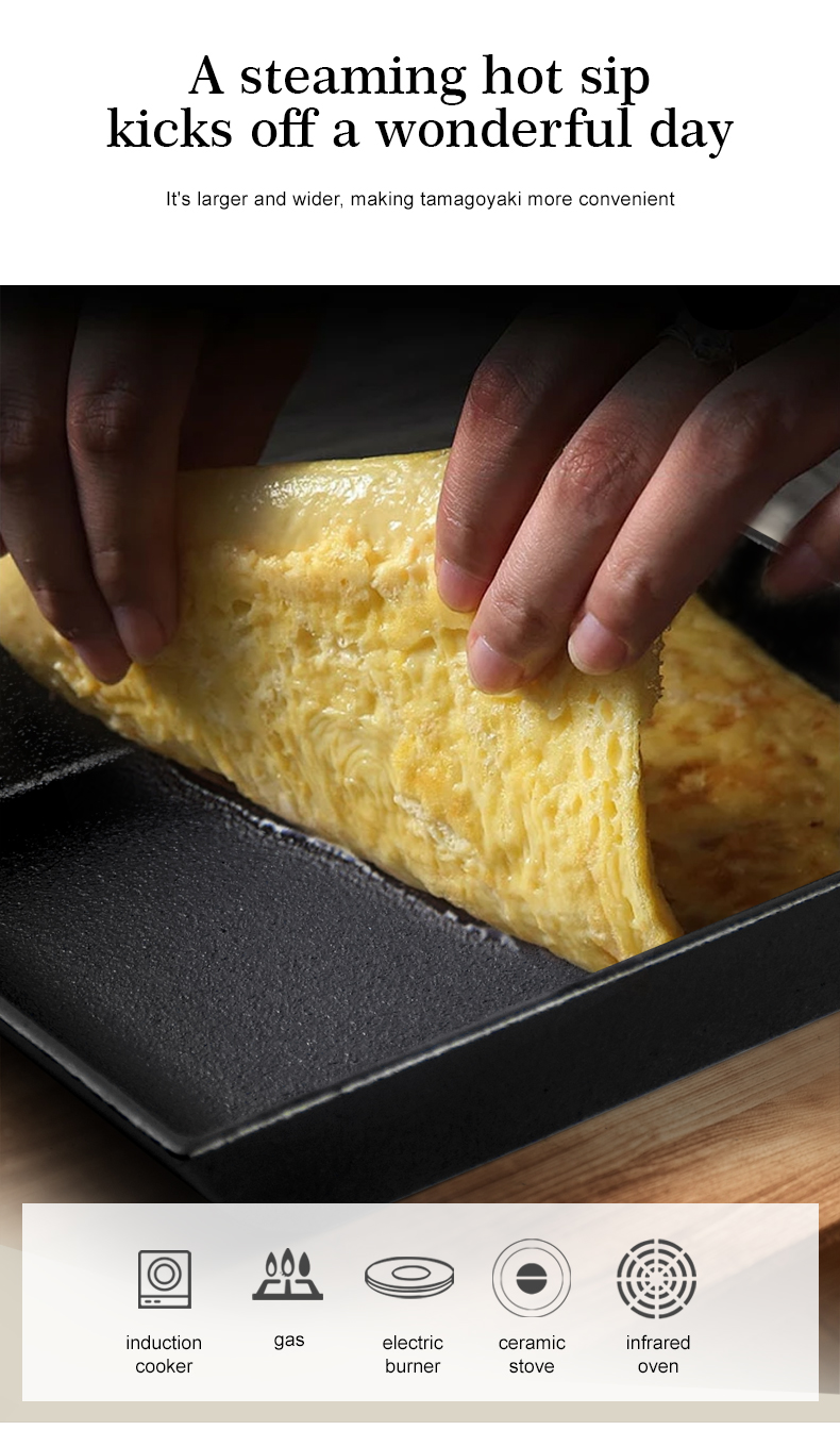 Egg pancake Japanese omelette pan/egg pan, rectangular iron tamagoyaki pan with wooden handle