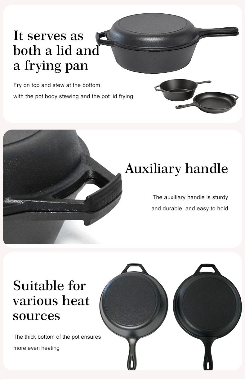 2-in-1 pre-seasoned cast iron Dutch grill with handle - Stew pot with frying pan lid