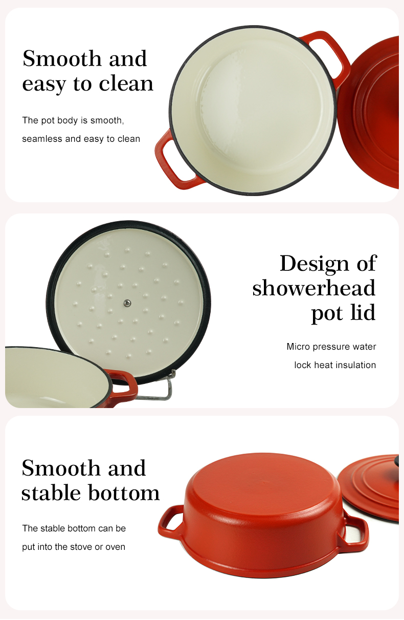 Enamel cast iron classic round Dutch baking pan, suitable for bread making, stew POTS, double handle (matte red)