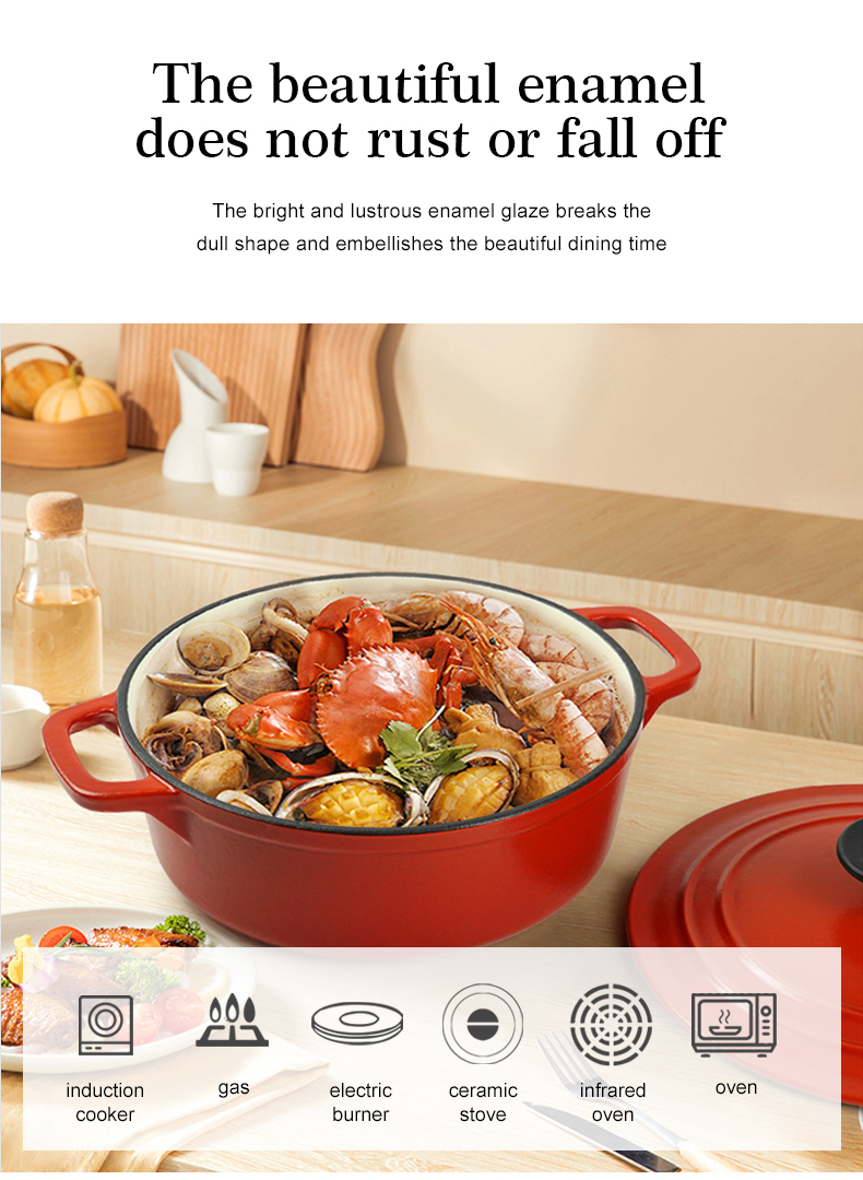 Enamel cast iron classic round Dutch baking pan, suitable for bread making, stew POTS, double handle (matte red)