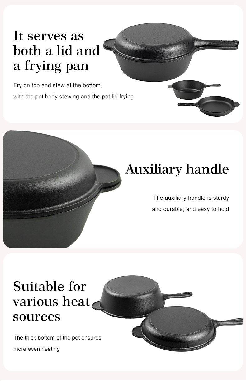 2-in-1 dual-purpose cast iron Dutch pot with double handles and barbecue lid, outdoor cooking pot set