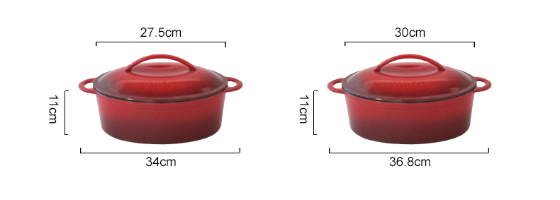 Oval-shaped pre-seasoned cast iron Dutch baking pan, red enamel soup pot with lid and double handles