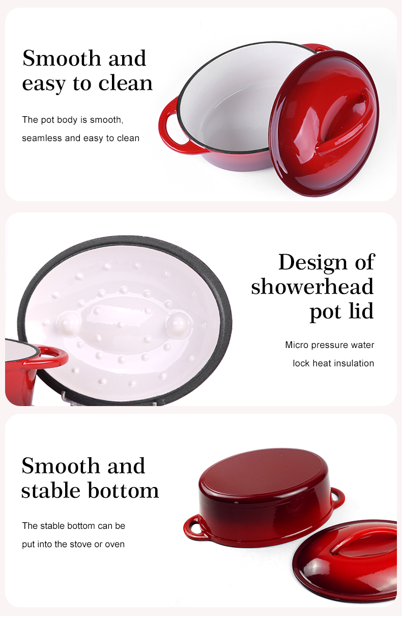 Oval-shaped pre-seasoned cast iron Dutch baking pan, red enamel soup pot with lid and double handles