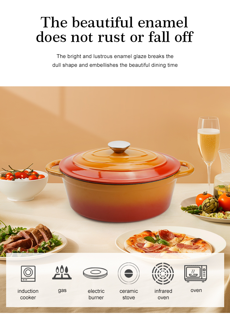 Oval-shaped Dutch oven cast iron pan with non-stick enamel coating, for bread baking