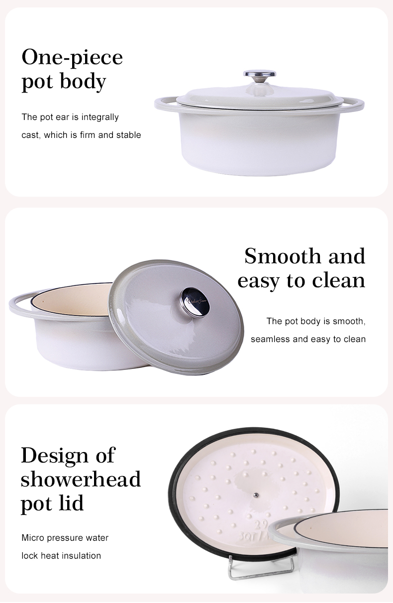Oval-shaped Dutch oven pot with lid, cast iron double handle enamel soup pot