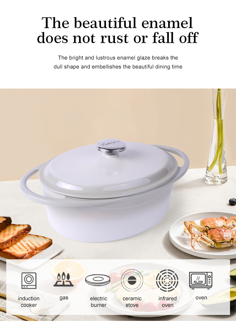 Oval-shaped Dutch oven pot with lid, cast iron double handle enamel soup pot