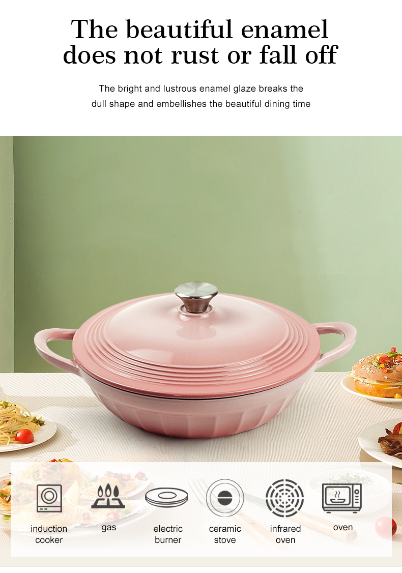 Enamel cast iron shallow small Dutch baking pan with lid, suitable for baking, stewing, frying and soups - can be washed in the dishwasher