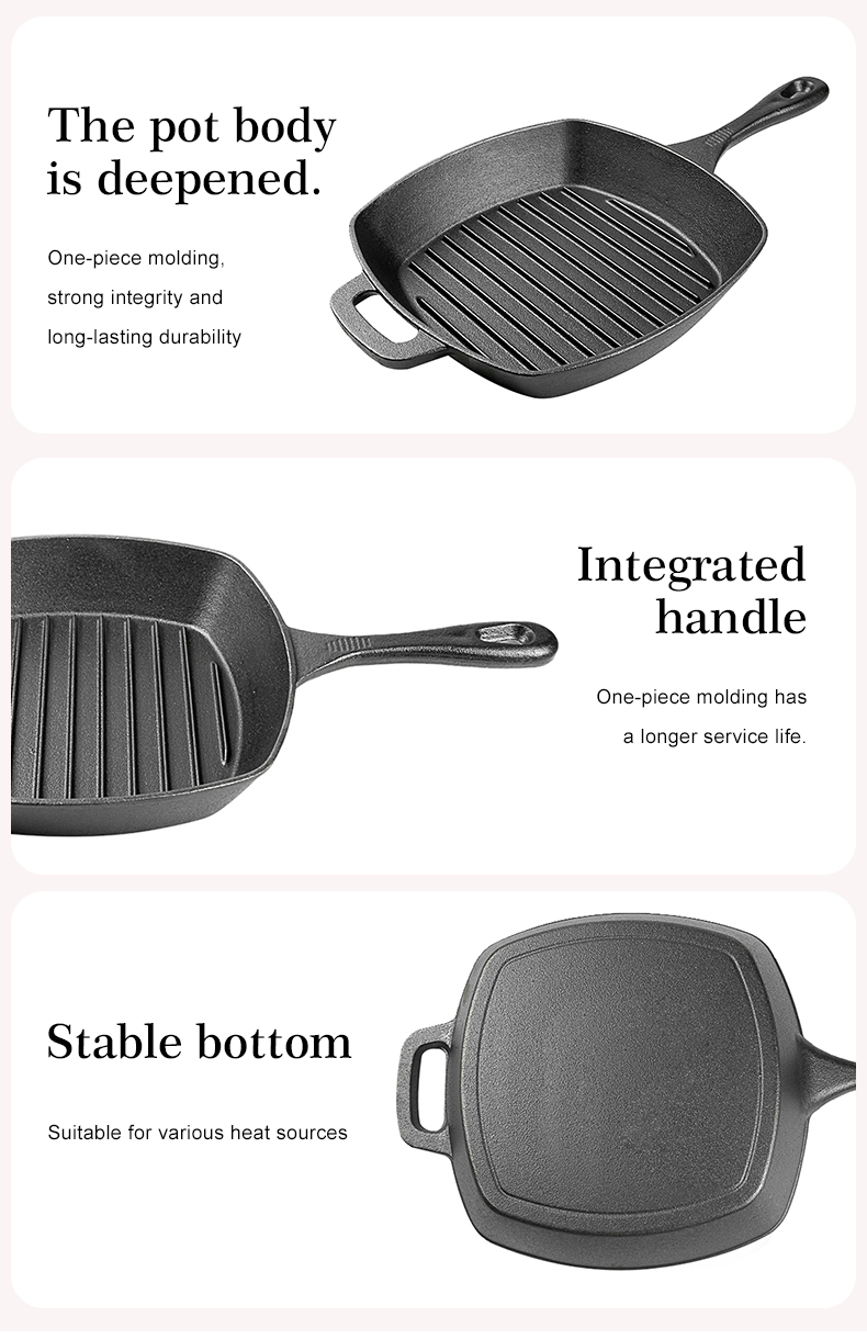 A cast iron square grilling pan with a grain pattern and an auxiliary handle is used for grilling, frying and stir-frying