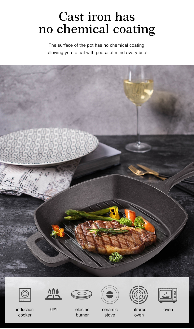 A cast iron square grilling pan with a grain pattern and an auxiliary handle is used for grilling, frying and stir-frying